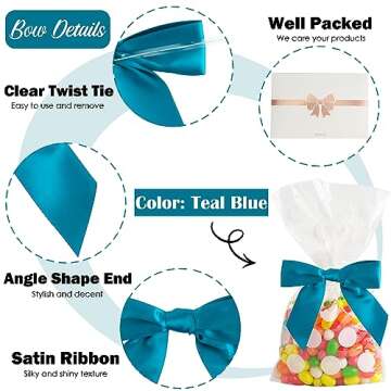 AIMUDI Twist Tie Bows for Treat Bags 3.5" Teal Blue Satin Ribbon Bows for Crafts Premade Bows with Twist Ties for Christmas Cake Pop Candy Apple Small Bows for Gift Wrapping Wedding Decor, 50 PCs