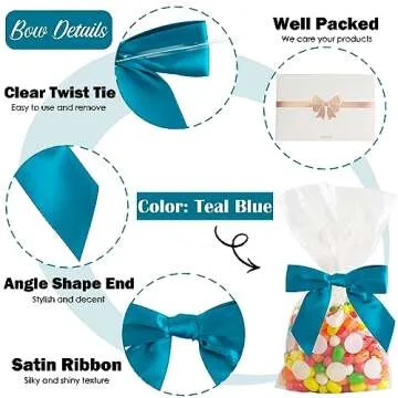 AIMUDI Twist Tie Bows for Treat Bags 3.5" Teal Blue Satin Ribbon Bows for Crafts Premade Bows with Twist Ties for Christmas Cake Pop Candy Apple Small Bows for Gift Wrapping Wedding Decor, 50 PCs
