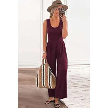 PRETTYGARDEN Women’s Summer Sleeveless Tank Jumpsuits High Waist Low Cut Casual Scoop Neck Fit And Flare Long Pants Rompers(Wine Red, Medium)