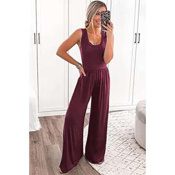 PRETTYGARDEN Women’s Summer Sleeveless Tank Jumpsuits High Waist Low Cut Casual Scoop Neck Fit And Flare Long Pants Rompers(Wine Red, Medium)