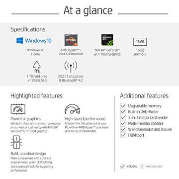 HP Pavilion Gaming Desktop, Ryzen 5, GTX 1060, 16GB RAM, 1TB HDD, 128GB SSD
