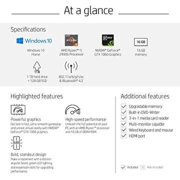 HP Pavilion Gaming Desktop, Ryzen 5, GTX 1060, 16GB RAM, 1TB HDD, 128GB SSD