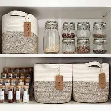 Goodpick Woven Storage Basket, Cotton Rope Basket for Dog Toys, Books, Stylish Gift Basket with Handles, 13 x 10 x 9 Inches Square Baskets for Organizing, Brown and White