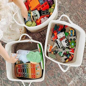 Goodpick Woven Storage Basket, Cotton Rope Basket for Dog Toys, Books, Stylish Gift Basket with Handles, 13 x 10 x 9 Inches Square Baskets for Organizing, Brown and White