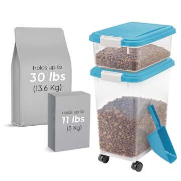 IRIS USA Dog Food Storage Container, 30 lbs & 11 lbs Combo, Cat Food Storage Container, Dog Treat Container, Airtight, Stackable, 2-Cup Scoop, Wheels, Easy Mobility, Blue Moon