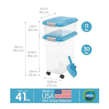 IRIS USA Dog Food Storage Container, 30 lbs & 11 lbs Combo, Cat Food Storage Container, Dog Treat Container, Airtight, Stackable, 2-Cup Scoop, Wheels, Easy Mobility, Blue Moon