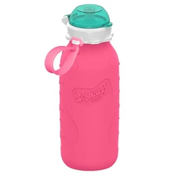 Pink 16 oz Squeasy Snacker Spill Proof Silicone Reusable Food Pouch - for Both Soft Foods and Liquid...