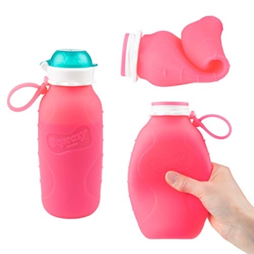 Pink 16 oz Squeasy Snacker Spill Proof Silicone Reusable Food Pouch - for Both Soft Foods and Liquids - Water, Apple Sauce, Yogurt, Smoothies, Baby Food - Dishwasher Safe