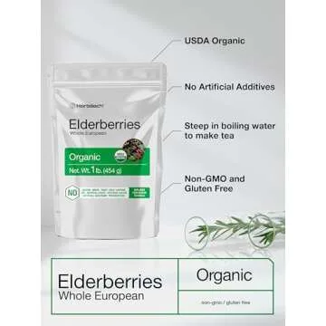 Horbäach Elderberries Dried Organic | 1 lb Bulk Bag | Whole European | Non-GMO, Gluten Free | Sambu...