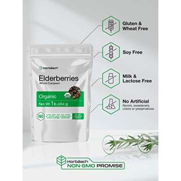 Horbäach Elderberries Dried Organic | 1 lb Bulk Bag | Whole European | Non-GMO, Gluten Free | Sambucus Nigra