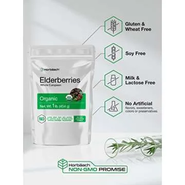 Horbäach Elderberries Dried Organic | 1 lb Bulk Bag | Whole European | Non-GMO, Gluten Free | Sambucus Nigra