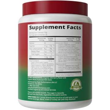 Peak Performance Organic Reds Superfood Powder, Best Tasting Organic Red Juice Super Food w/ 25+ All Natural Ingredients & Polyphenols, Vital for Max Energy and Detox. Raspberry, Elderberry, Beetroot