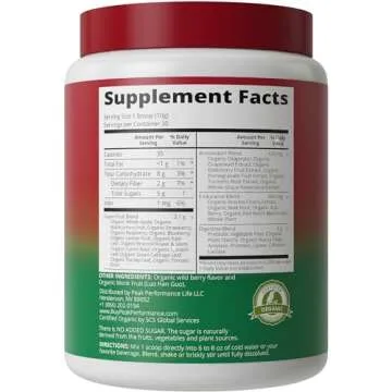 Peak Performance Organic Reds Superfood Powder, Best Tasting Organic Red Juice Super Food w/ 25+ All Natural Ingredients & Polyphenols, Vital for Max Energy and Detox. Raspberry, Elderberry, Beetroot
