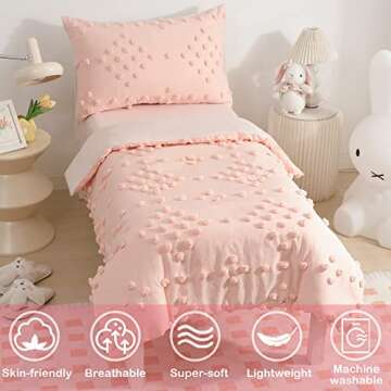 Toddler Bedding Set for Girls 4-Piece Pink Jacquard Pom Pom Tufts Bohemian Boho Tufted Dots Crib Tod...