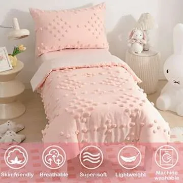 Toddler Bedding Set for Girls 4-Piece Pink Jacquard Pom Pom Tufts Bohemian Boho Tufted Dots Crib Tod...