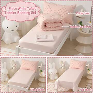 Toddler Bedding Set for Girls 4-Piece Pink Jacquard Pom Pom Tufts Bohemian Boho Tufted Dots Crib Toddler Comforter Set for Baby Kids Bed-in-a-Bag with Comforter, Flat Sheet, Fitted Sheet, Pillowcase