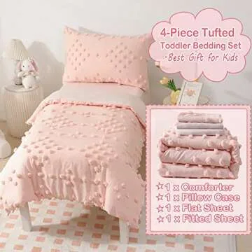 Toddler Bedding Set for Girls 4-Piece Pink Jacquard Pom Pom Tufts Bohemian Boho Tufted Dots Crib Toddler Comforter Set for Baby Kids Bed-in-a-Bag with Comforter, Flat Sheet, Fitted Sheet, Pillowcase