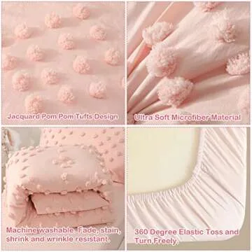 Toddler Bedding Set for Girls 4-Piece Pink Jacquard Pom Pom Tufts Bohemian Boho Tufted Dots Crib Toddler Comforter Set for Baby Kids Bed-in-a-Bag with Comforter, Flat Sheet, Fitted Sheet, Pillowcase