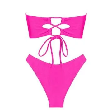 ZAFUL Metallic Sparkly O Ring High Cut Bandeau Bikini Set