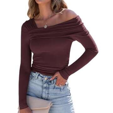 ANRABESS Womens One Off Shoulder Shirts Long Sleeve Going Out Crop Tops Ruched Tight Casual Blouse 2025 Trendy Burgundy Red Large