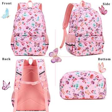 DSIUE Kids Backpack for Girls Elementary BookBags Teens Middle School Backpack with Lunch Box Butterfly Pink