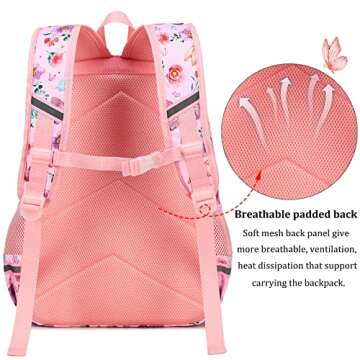DSIUE Kids Backpack for Girls Elementary BookBags Teens Middle School Backpack with Lunch Box Butterfly Pink