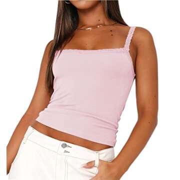Cioatin Women’s Lace Patchwork Spaghetti Strap Crop Cami Strappy Y2K Going Out Crop Top Tank Sleeveless Slim Fit Shirt Pink