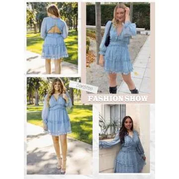 Dokotoo Womens Summer Casual Ladies Deep V Neckline Long Sleeve Leopard Print High Waist Mini Dress Fashion Skater A Line Ruffle Hem Flare Dresses Blue Medium