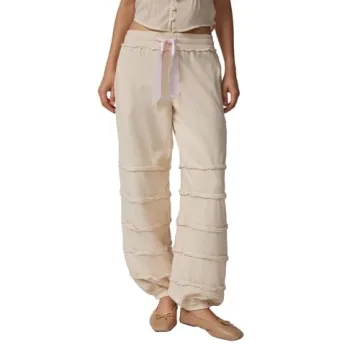 SOLILOQUY Women's Jogger Pants Raw Hem Drawstring Ribbon Bowknot Elastic Waist Solid Color Loose Swe...