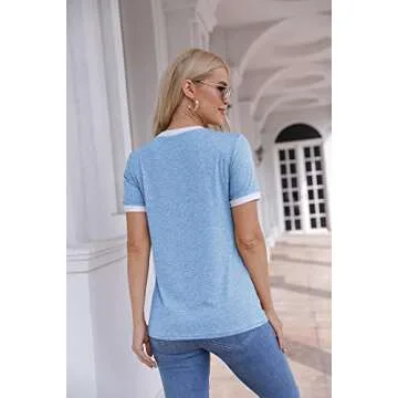 Womens T Shirt Short Sleeve Crew Neck Basic Color Block Tee Tops Blue
