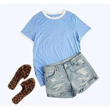 Womens T Shirt Short Sleeve Crew Neck Basic Color Block Tee Tops Blue