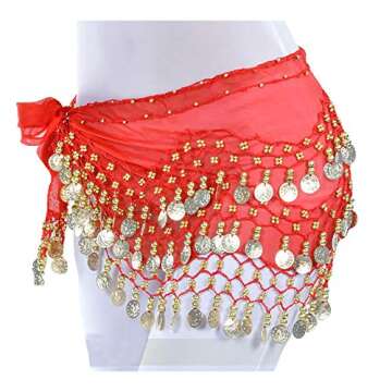 Lauthen.S 128 Coins Belly Dance Hip Scarf Tribal Belt Halloween Genie Costume Accessory Red