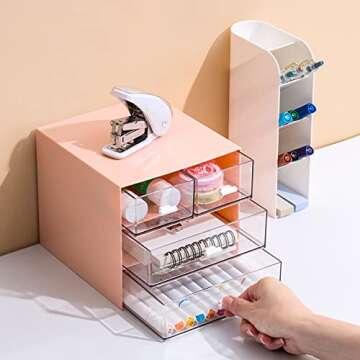 Stylish Comix Desk Organizer with 4 Drawers - Pink Storage Box