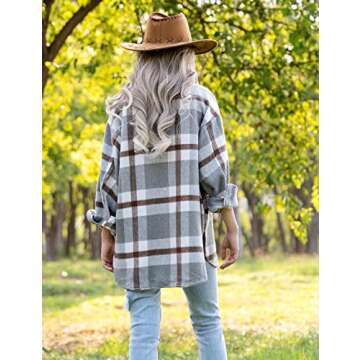 Lviefent Womens Casual Wool Blend Plaid Flannel Shackets Jacket Button Down Shirt Coat (Z-Grey, Large)