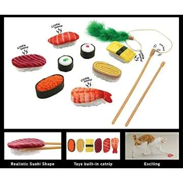 Jumpaws 9 Assortments Pack Value Toy and Teaser Set, Interactive Catnip Cat Toys, Crinkle Toys, Feather Wand Toy, Accessories for Indoor Cat (Sushi Set)