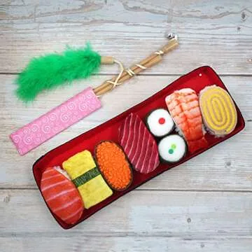 Jumpaws 9 Assortments Pack Value Toy and Teaser Set, Interactive Catnip Cat Toys, Crinkle Toys, Feather Wand Toy, Accessories for Indoor Cat (Sushi Set)