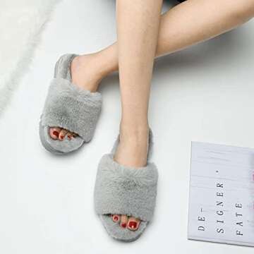 Fluffy Open Toe Slippers For Women Indoor Memory Foam, Comfy Fuzzy Womens Summer House Slippers Non-...