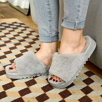 Fluffy Open Toe Slippers For Women Indoor Memory Foam, Comfy Fuzzy Womens Summer House Slippers Non-slip, Soft Faux Fur Slip-on Woman Home Bedroom Slippers