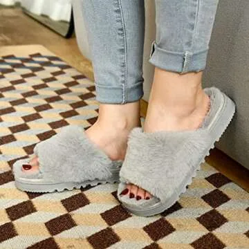 Fluffy Open Toe Slippers For Women Indoor Memory Foam, Comfy Fuzzy Womens Summer House Slippers Non-slip, Soft Faux Fur Slip-on Woman Home Bedroom Slippers
