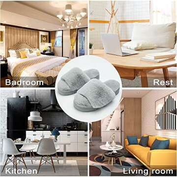 Fluffy Open Toe Slippers For Women Indoor Memory Foam, Comfy Fuzzy Womens Summer House Slippers Non-slip, Soft Faux Fur Slip-on Woman Home Bedroom Slippers