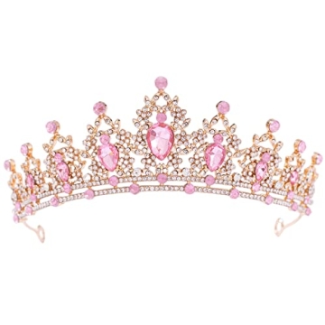 FORSEVEN Gold Tiara with Pink Crystals - Exquisite Crown for Every Occasion