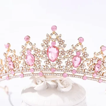 Gold Tiara with Pink Crystals - Exquisite Crown Accessory
