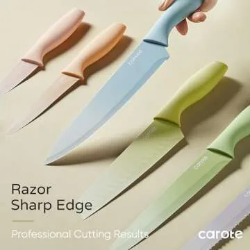 CAROTE 12Pcs Kitchen Knife Set, Stainless Steel Blade with Ceramic Nonstick Coating, Cutlery Knives with Blade Guards, Dishwasher Safe, Multicolored