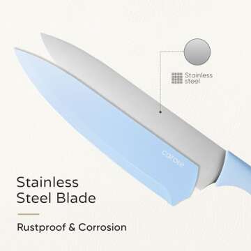 CAROTE 12Pcs Kitchen Knife Set, Stainless Steel Blade with Ceramic Nonstick Coating, Cutlery Knives with Blade Guards, Dishwasher Safe, Multicolored