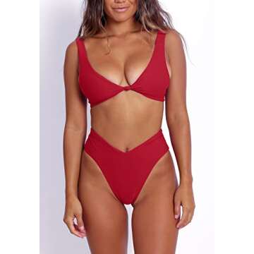 Womens Sexy V Neck Double Shoulder Knot Front Push Up Swimsuts Cheeky Brazilian Cut High Waisted Tho...