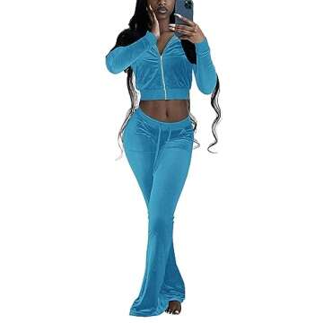 Chatinction Women's Long Sleeve Velour Tracksuits Set Zipper Sweatshirt and Flared Trousers with Pockets Sportswear Light Blue M