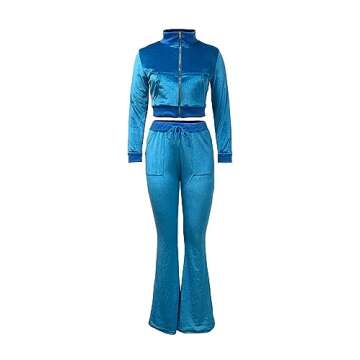 Chatinction Women's Long Sleeve Velour Tracksuits Set Zipper Sweatshirt and Flared Trousers with Pockets Sportswear Light Blue M