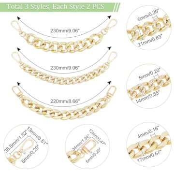 PH PandaHall 6pcs Shoe Charms Chains, 3 Styles Gold Shoe Charms DIY Hanging Shoe Chains with Snap Clasps for Man Women Adults Clog Sandals Casual Shoes Accessories