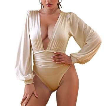 Syydn Women's Deep V Neck Tops Sexy Puff Sleeve Bodycon Jumpsuit Stretchy Bodysuit Jumpsuits (Khaki, Large)