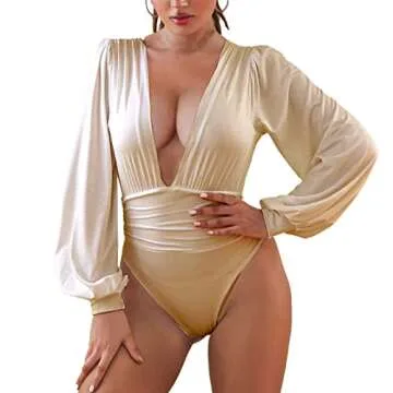 Syydn Women's Deep V Neck Tops Sexy Puff Sleeve Bodycon Jumpsuit Stretchy Bodysuit Jumpsuits (Khaki, Large)